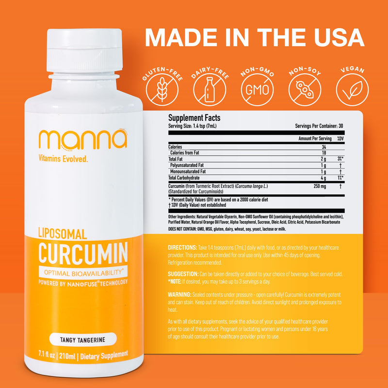 Manna Vitamins Evolved Liposomal Liquid Curcumin for Advanced Absorption Best Turmeric Supplement for Daily Joint & Immune Health Support - Vegan, Non-GMO, 95% Curcuminoids (1 Pack) Tangy Tangerine 7.6 Fl Oz (Pack of 1) - BeesActive Australia