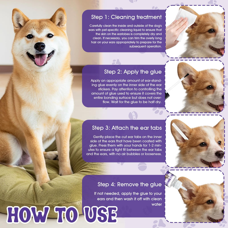 All-in-One Ear Posting Kit with Bonding Cement for Dogs, 4pcs Ear Tapes and 30ml Glue Remover for Doberman, Corgi, Yorkie Daily Care, Quick & Long-Lasting
