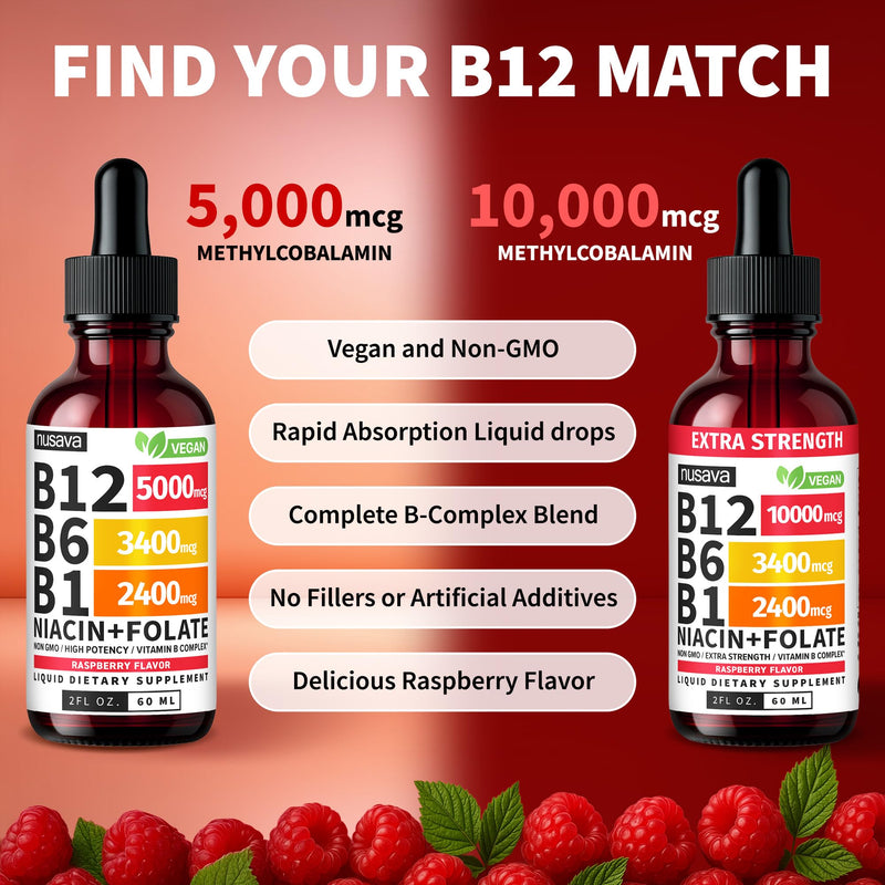 NUSAVA B12 Liquid Drops 5000mcg, Raspberry (Pack of 4) | Energy, Brain and Heart Support, Methylcobalamin B12 with B6, B1, Niacin and Folate, Sublingual Drops for Women and Men 2 Fl Oz (Pack of 4)