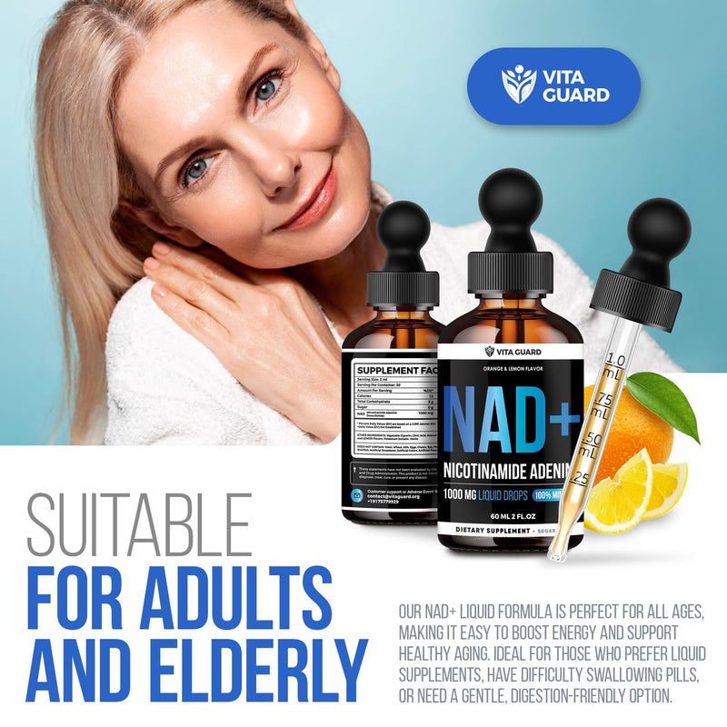 Vita Guard Pure NAD+ Liquid Drops 1000mg | Nicotinamide Adenine Formula | Vegan, Non-GMO | Natural Lemon & Orange Flavor | Dietary Supplement for Women & Men