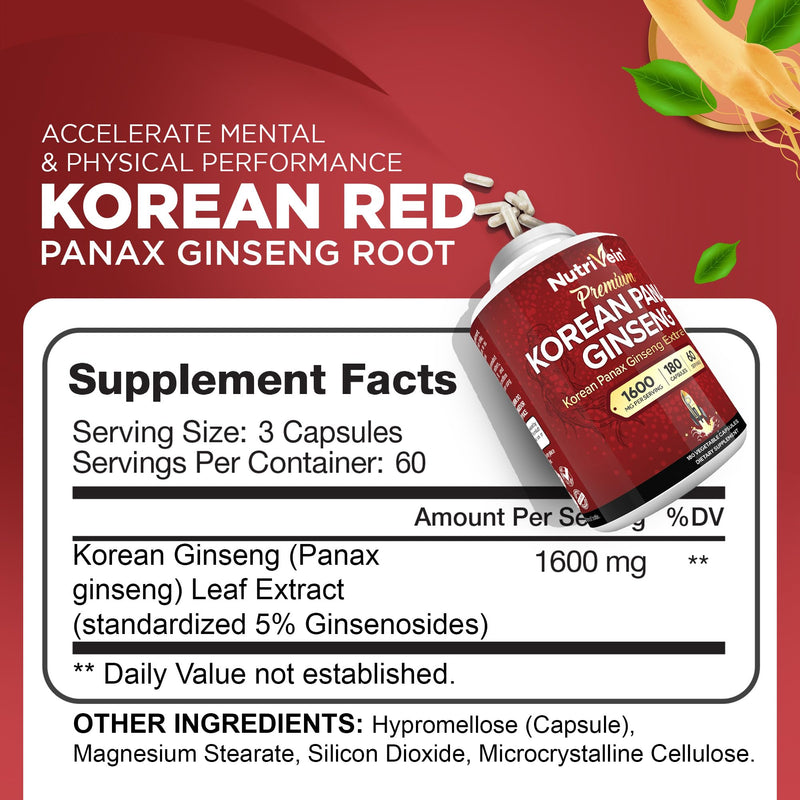 Nutrivein Korean Red Panax Ginseng 1600mg ‚Äì Extra Strength Formula ‚Äì 180 Capsules ‚Äì Boost Energy, Mental Focus & Immune Health Naturally - BeesActive Australia