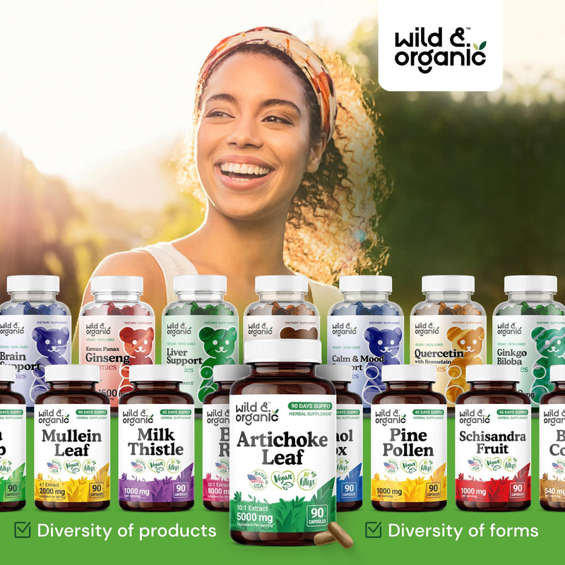 Wild & Organic Artichoke Extract Capsules 500 mg - Liver & Digestive Support - Artichoke Leaf Extract Supplement - Cynara Scolymus Leaf Powder - Vegan, No Fillers, Non-GMO - 90 Count