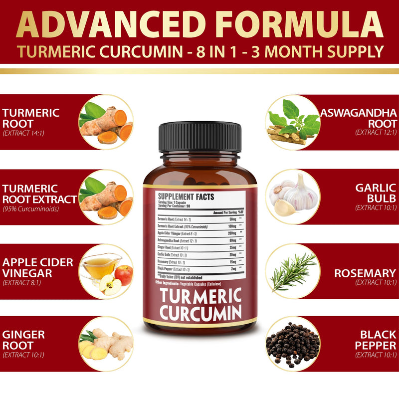 7 in 1 Turmeric Curcumin + Apple Cider Vinegar Capsules, Equivalent to 4080mg, 3 Month Supply with Ashwagandha, Ginger, Garlic Bulb, 95% Standardized Curcuminoids, Joint & Absorption Support - BeesActive Australia