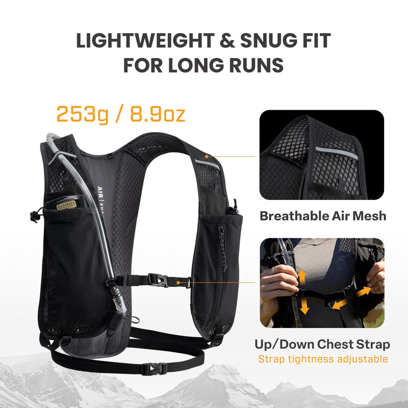 EVERFUN Hydration Backpack Running Vest Small Hiking Water Backpack with 1.5L Water Bladder for Women Men, Lightweight Reflective Dayhike Hydro Pack for Trail Running, Biking, Race, Marathons Black