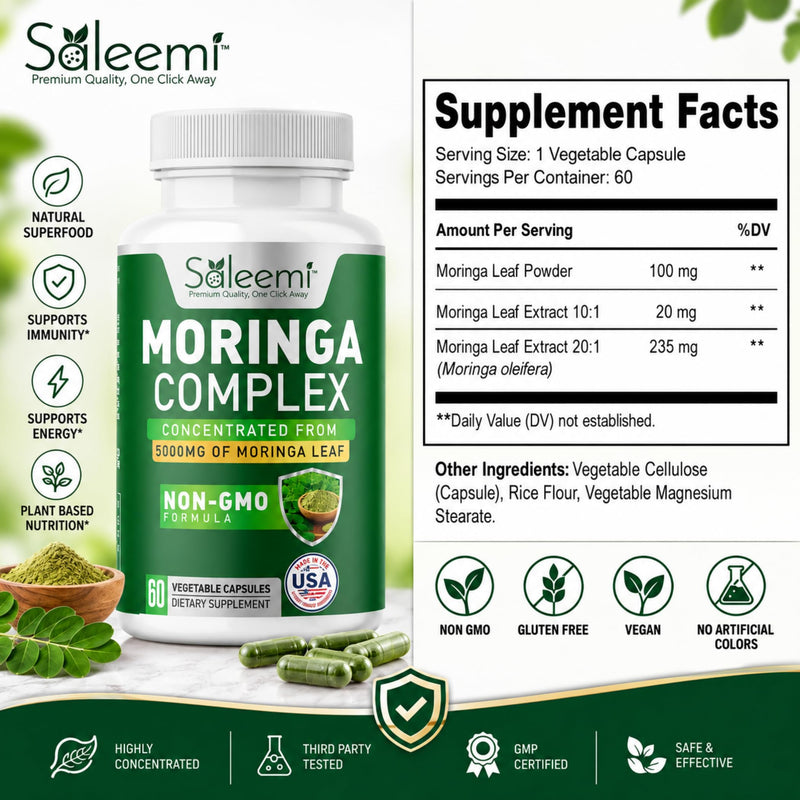 Moringa Capsules – Premium Moringa Oleifera Leaf & Seed Extract | Green Superfood for Energy, Immunity & Vitality | 100% Pure Natural Plant-Based Supplement | Non-GMO, 60 Vegan Capsules