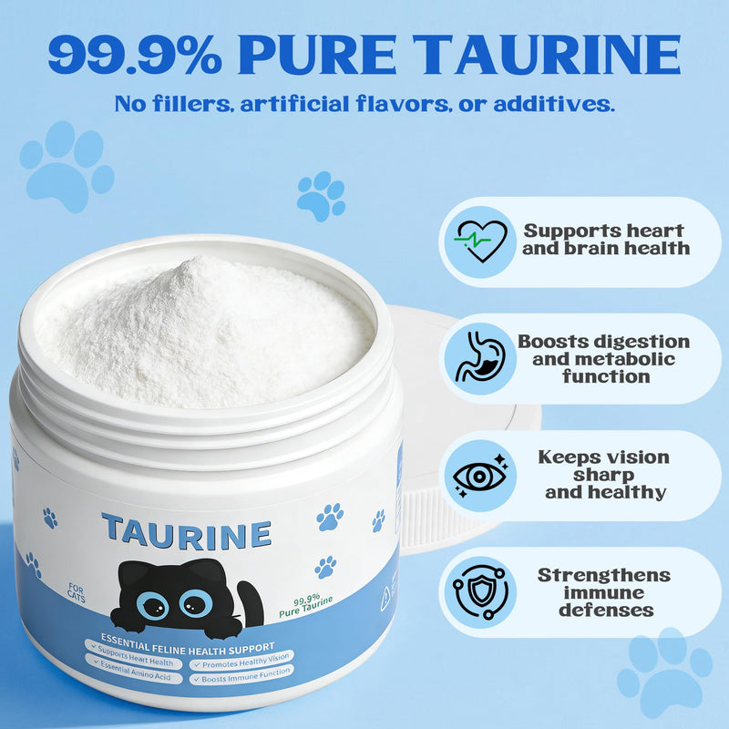 Taurine Powder for Cats - Supports Heart & Vision Health, Immune Support, Boosts Energy & Vitality, Skin & Coat Wellness, 99.9% Pure, Water-Soluble with Dosing Spoon, 200g