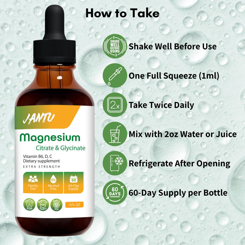 JANTU High‑Absorption Liquid Magnesium Citrate & Glycinate with Vitamins B6 D3 C & Potassium – Alcohol‑Free, Glycerin‑Based, Vegan, 60‑Day Supply – 4 oz