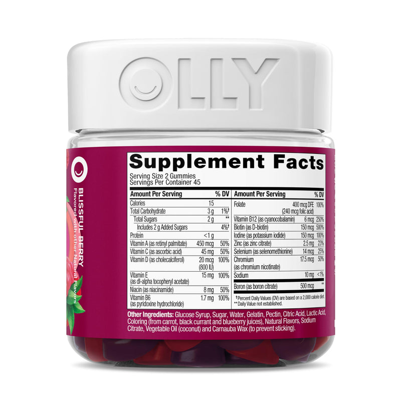 OLLY Women's Multivitamin, Supports Overall Wellness,* Biotin - 90 Count Berry 90 Count (Pack of 1)