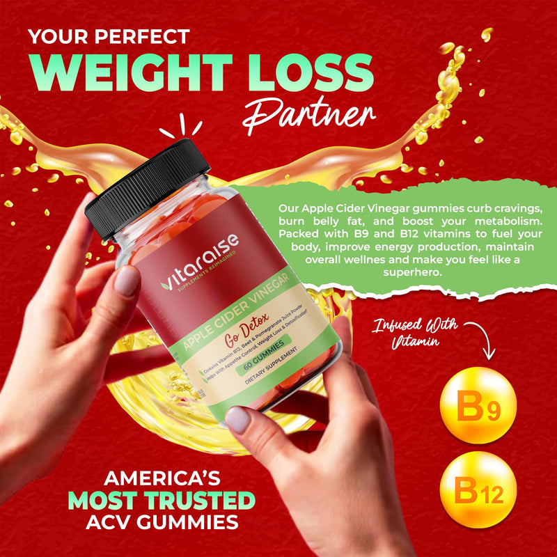 Apple Cider Vinegar Gummies with Mother, B9 & B12, ACV Weight Loss, 60 Ct | Keto Gummies, Detox & Digestion Support, Metabolism Booster, Non-GMO, Vegan, Gluten-Free, Beetroot & Pomegranate, 1000mg