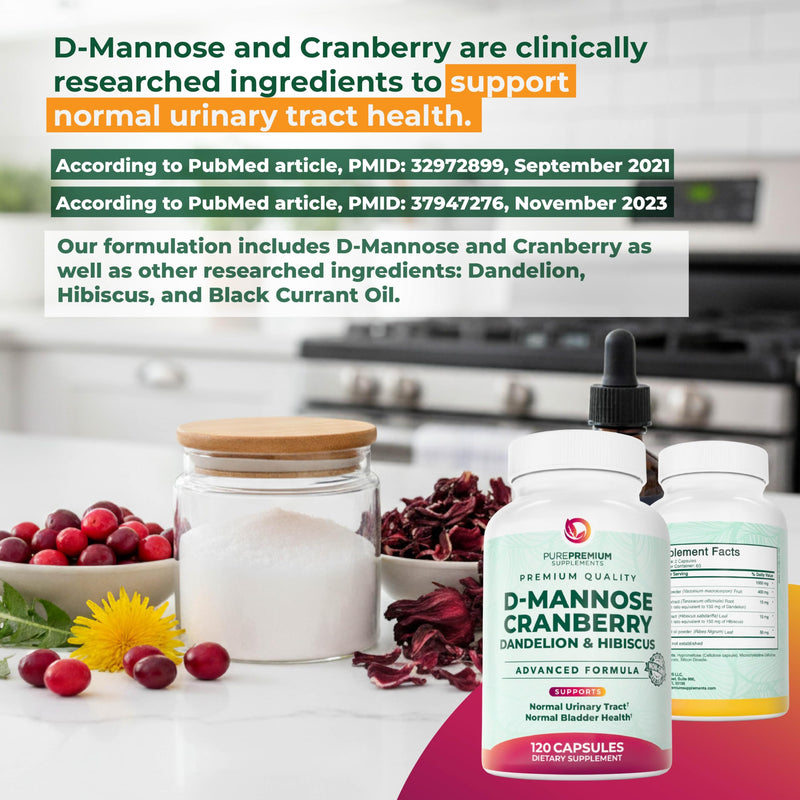 PurePremium D-Mannose with Cranberry, Hibiscus & Dandelion - 1000mg D-Mannose Supplements for Women Supports Urinary Tract Health & Bladder Health - Made in USA, Vegan, 120 Capsules, 2 Month Supply - BeesActive Australia