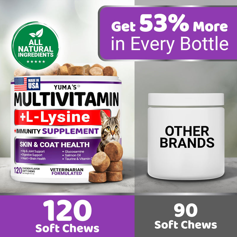 Cat Multivitamin Chews - Cat Vitamins and Supplements - Taurine & Lysine for Cats - Omega-3, Glucosamine, Cranberry - Skin & Coat, Hip & Joint Support - Immune Health, Skin, Heart, Digestion Cat Multivitamin 120 Chews