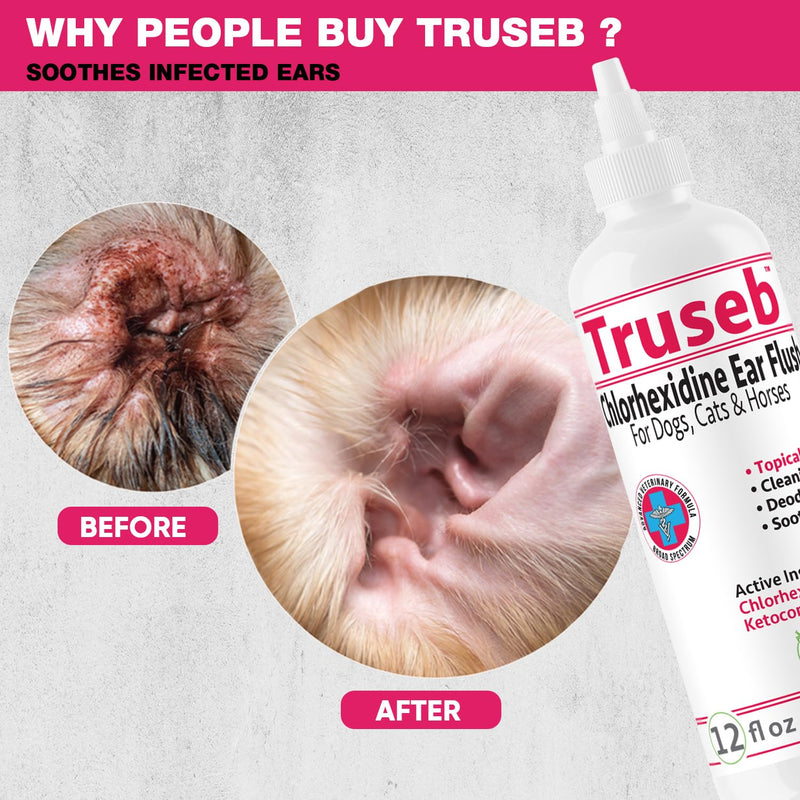 Truseb Maximum Strength Dog Ear Infection Treatment Flush, Cat & Dog Ear Cleaner Solution Medicated with Chlorhexidine & Ketoconazole Helps with Ear Itching Redness Swelling (12 oz)
