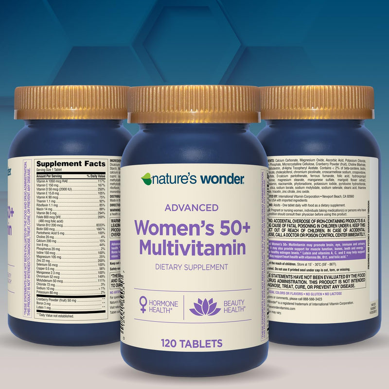 Nature's Wonder Advanced Women's 50+ Multivitamin, Vitamin D3, 120 Tablets | Daily Essential B Vitamins & Multiminerals for Energy, Lutein, Cranberry, Biotin for Eye, Urinary & Skin Health, Gluten-Free