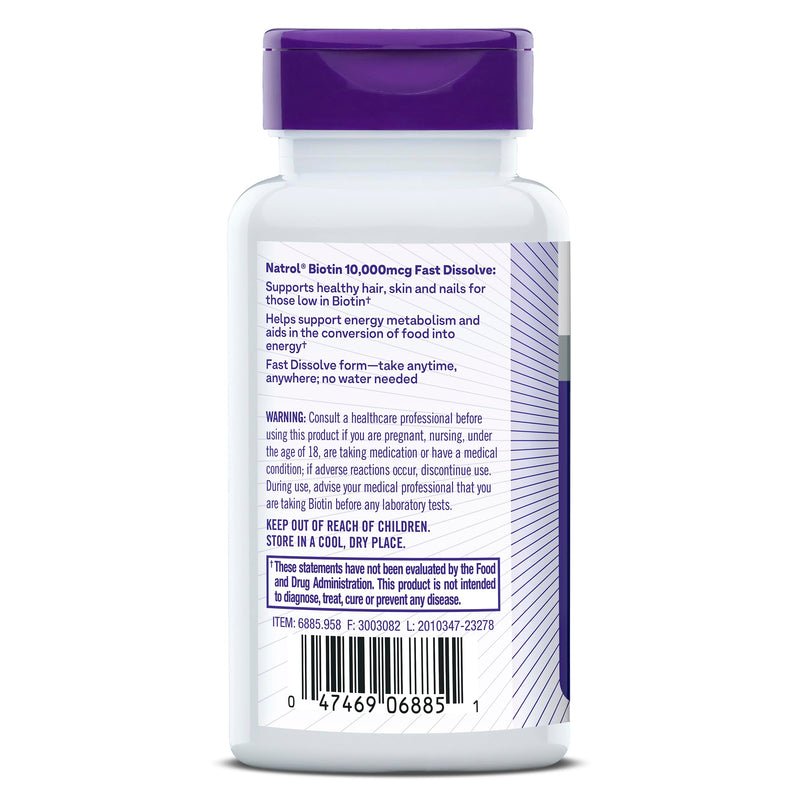 Natrol Biotin 10000mcg, 4X Faster Dissolve Supplement for Healthy Hair, Skin and Nails for Those Low in Biotin, Plus Energy Metabolism Support, 60 Tablets, Up to a 60 Day Supply Strawberry 60 Count (Pack of 1)