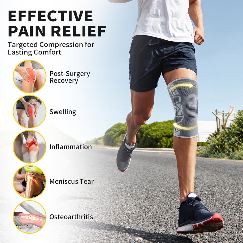 CAMBIVO 2 Pack Knee Brace for Men and Women, Knee Sleeves for Men with Patella Gel Pad and Side Stabilizers, Knee Compression Sleeves for Knee Pain Relief, Running, Workout, Daily Use Gray Large