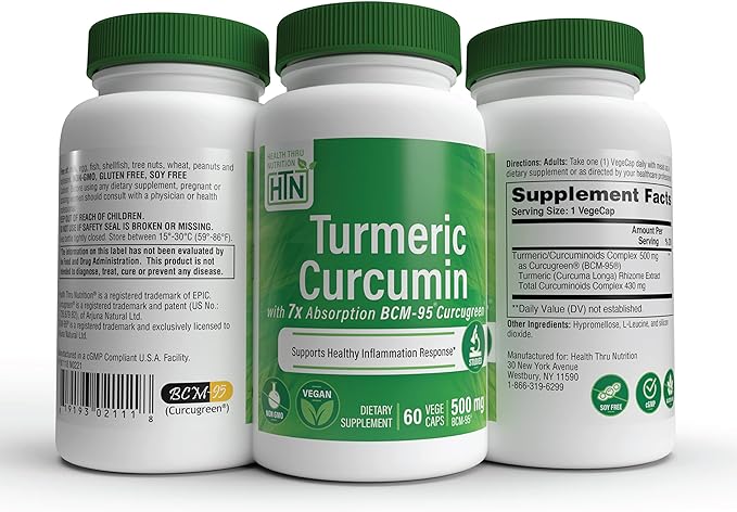Health Thru Nutrition Turmeric Curcumin Veggie Caps BCM -95 ® Curcugreen ®, 500 mg 60 Capsules - BeesActive Australia