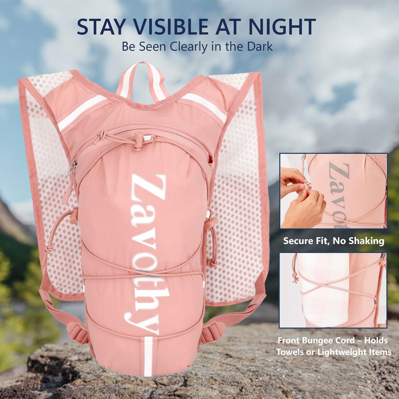 Zavothy Hydration Running Vest for Men & Women – Lightweight 1.5L Hydration Pack with Phone Pockets, Water Bottle Holders, Reflective Strips, Rain Cover – Trail Running, Cycling, Marathon Pink 1.5L Bladder
