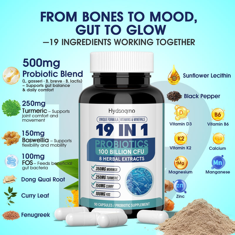Probiotics for Women – Menopause, Digestive & Gut Health Support with 100 Billion CFU, FOS Turmeric, Moringa, Curry, Boswellia Serrata, Vitamins & Minerals, Daily Probiotic Supplement, 90 Capsules 90 Count (Pack of 1)
