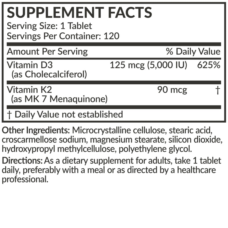 Futurebiotics Vitamin K2 with D3, 2 in 1 Support, 5000 IU Vitamin D3 & 90 mcg Vitamin K2 MK-7 Non-GMO, 120 Tablets 120 Count (Pack of 1)