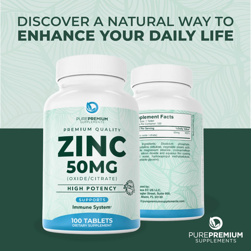 PurePremium Zinc 50mg Supplements for Men/Women - High Potency 100 Tablets | Zinc Citrate / Oxide, Supports Immune System, Antioxidant, Energy Support, Normal Skin & Cognitive Health - Gluten Free 100 Count (Pack of 1)