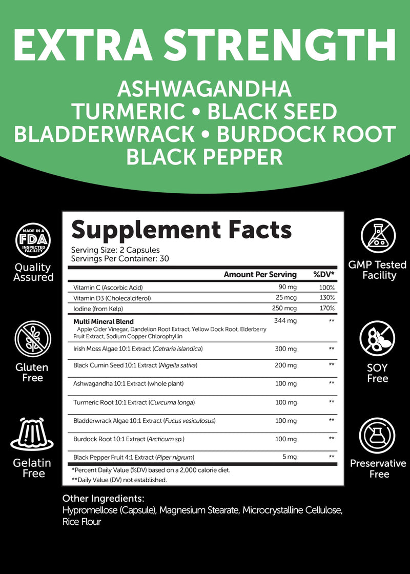 Lunakai USA Made Irish Sea Moss Capsules with Black Seed Oil, Ashwagandha, Burdock Root & Bladderwrack, 60ct