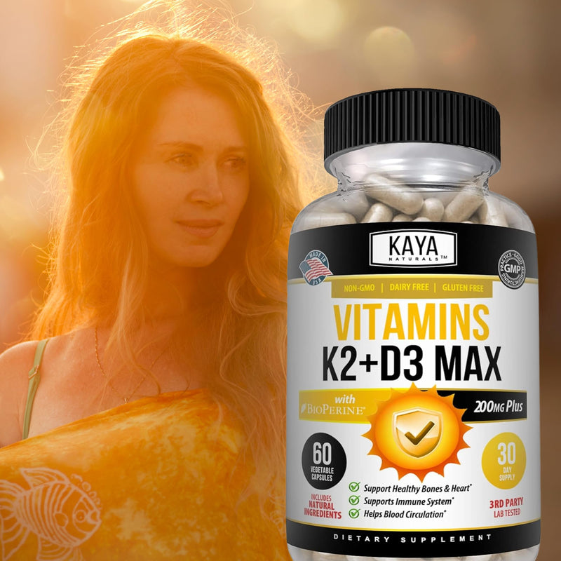 Kaya Naturals Vitamins K2 with D3 5000IU Supplement for Men and Women - Easy to Swallow - Bioperine Capsules (60 Count (Pack of 1) 60 Count (Pack of 1)
