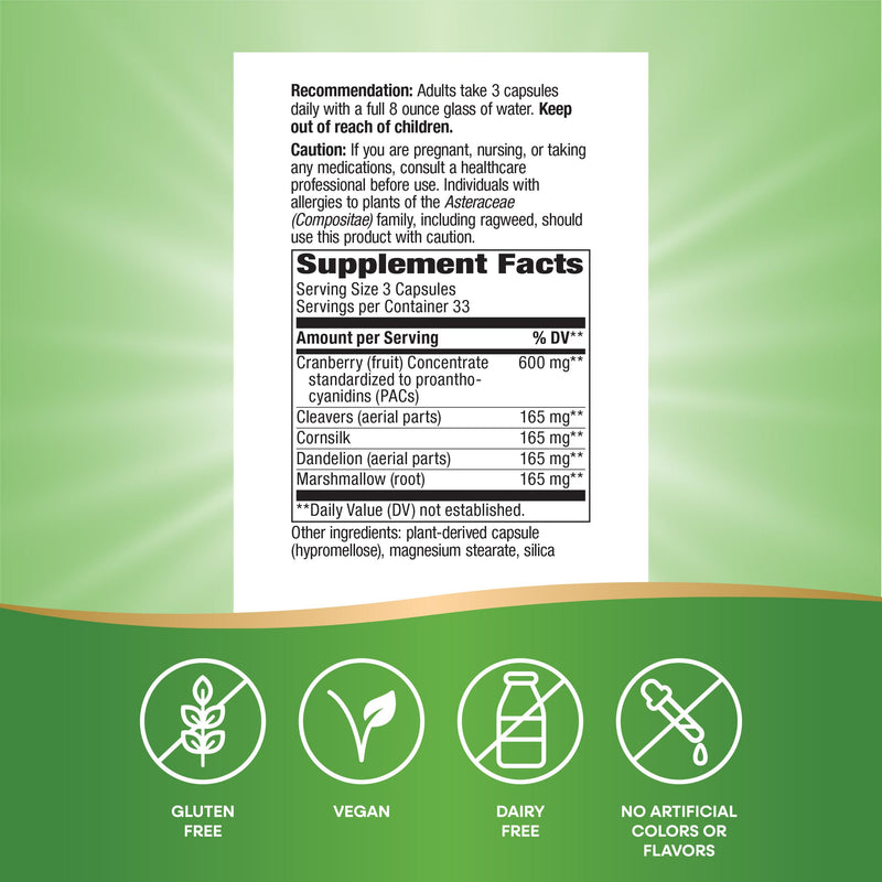 Nature's Way Urinary with Cranberry Premium Blend, Promotes Urinary Tract Health*, with Cranberry, Dandelion, Vegan, Non-GMO Project Verified, 100 Capsules (Packaging May Vary) 100 Count (Pack of 1) - BeesActive Australia