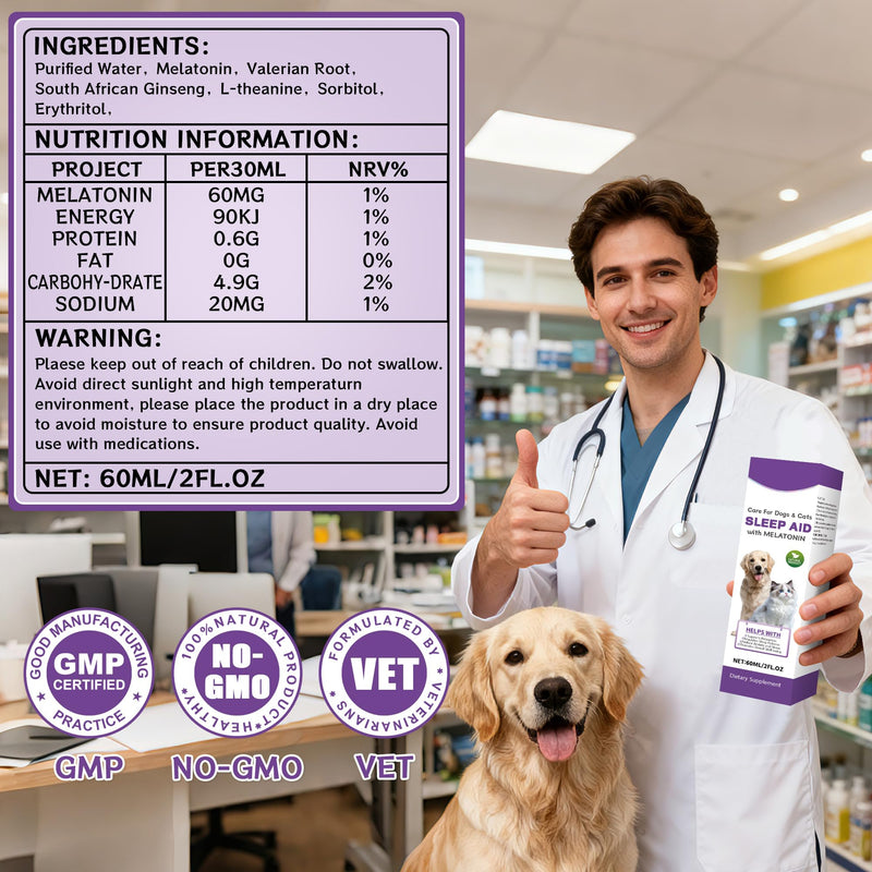Cats＆Dogs Melatonin Calming Drops, Dog Anxiety Relief from Fireworks, Separation＆Travel Stress, Helps Cats Good Behaviour and Sleep with Natural Ingredients (60ml)