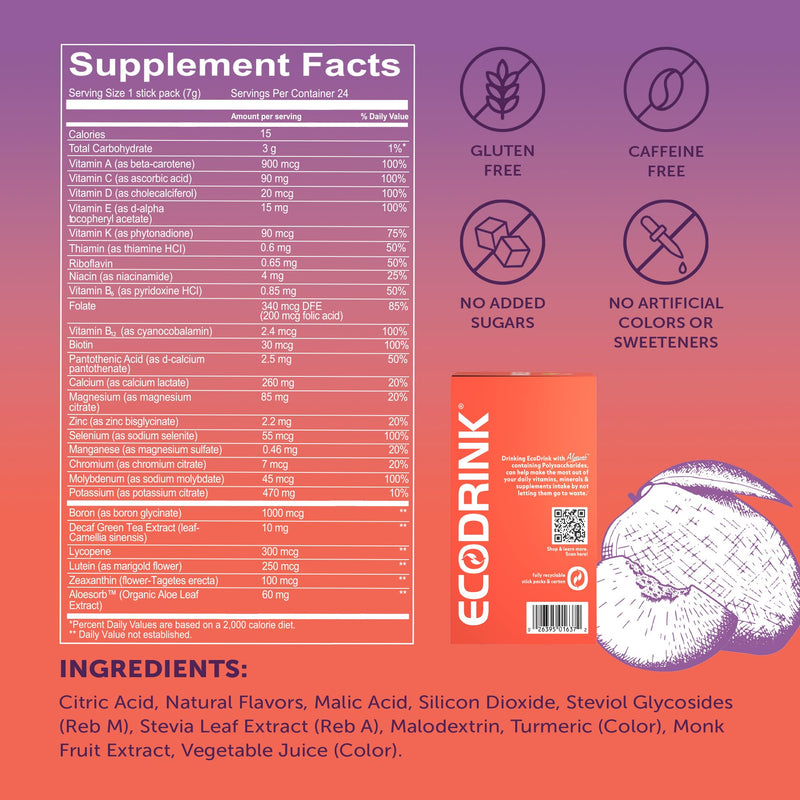 Lily of the Desert EcoDrink Nutrient Support Hydration Packets, Peach Mango – Naturally Sweetened Multivitamin Electrolyte Mix with Aloe, 24 Stick Packs/Box, 0.25 Oz Ea 24 Count (6 Ounce)