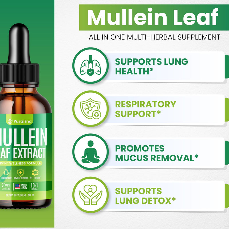 Mullein Drops for Lungs, 10-in-1 Mullein Leaf Extract for Lung Cleanse with Chrolophyll, Sea Moss, Spirulina, Elderberry Organic Respiratory Health Lung Detox - USA Made Mullin Supplement (1 Bottle)
