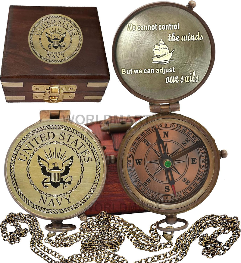 Compass - Gift for Army, Navy, Marine Corps, Baptism, Easter, Birthday, Fathers Day, Graduation, Wedding Navy With Wooden Box