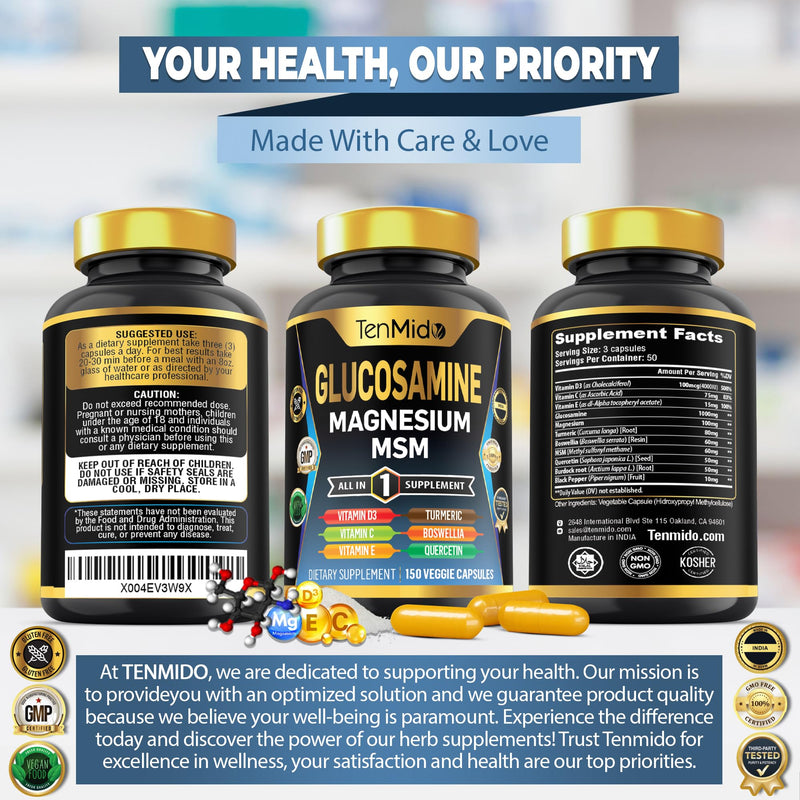 Glucosamine MSM Supplement for Men and Women - 11in1 Formula - Combine with Magnesium, Turmeric, Boswellia, Quercetin, Burdock Root, and More | Joint & Mobility Support - 150 Capsules