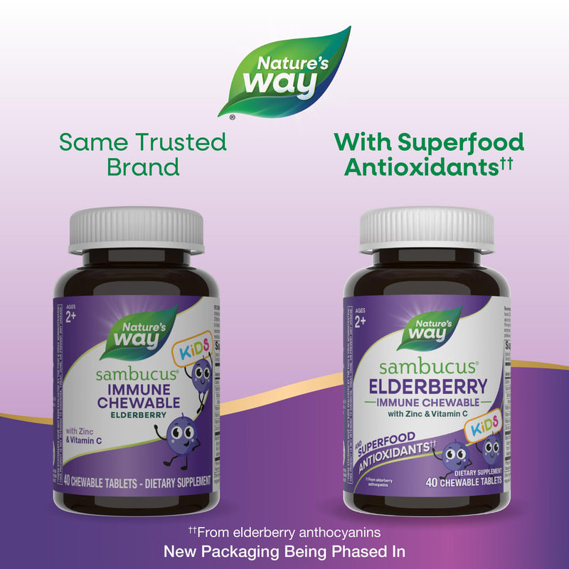 Nature's Way Sambucus Elderberry Immune Chewable for Kids, 40 ct | Immune Support*, Vitamin C, Zinc, with Superfood Antioxidants(1), Gluten-Free, Dairy-Free, No Artificial Colors