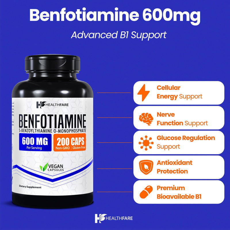 Healthfare Benfotiamine 600mg | 200 Veg Capsules | Enhanced Absorption | Supports Overall Health | Increased Bioavailability
