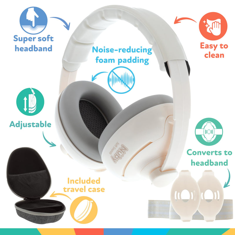 Nuby Soft Sounds 2-in-1 Noise-Canceling Baby Earmuffs with Travel Case - Adjustable Noise Protection for Infants and Toddlers - White