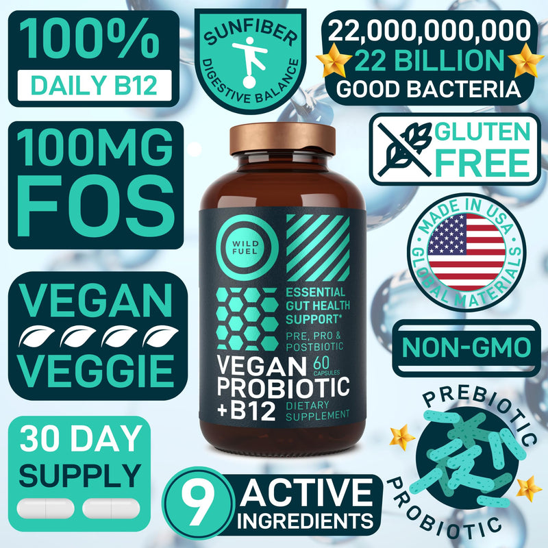 Vegan Probiotic Plus B12 & FOS - 22 Billion CFU Synbiotics Prebiotics and Probiotics for Digestive Health, IBS, Mood Support - B12 Pre Pro Post Biotics for Women & Men - 60 Gluten-Free Capsules Probiotic Unflavored