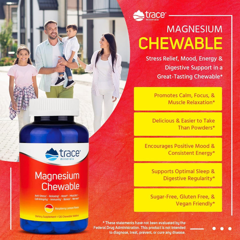 Trace Minerals Magnesium Chewable, Raspberry Lemon, 120 Count | Sugar free chewable magnesium that promotes a calm mood, focus, and muscle relaxation. 30 servings.