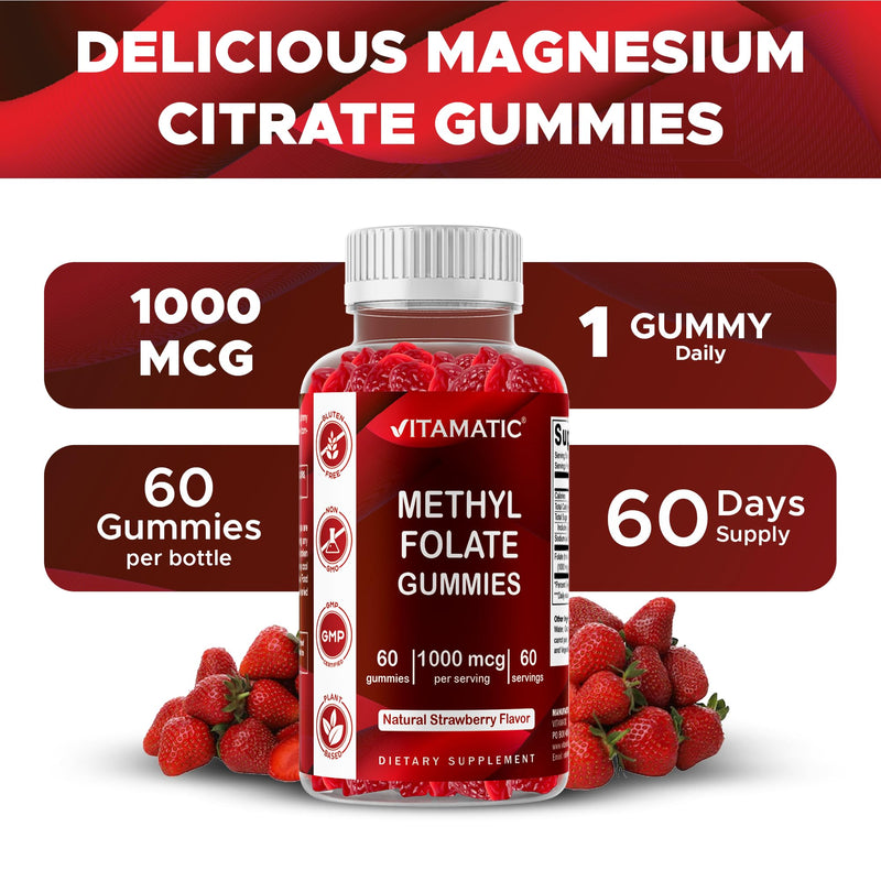 Vitamatic Methylfolate Gummies 1000 mcg – Active 5-MTHF Form – Natural Strawberry Flavor – Vegan, Non-GMO, Gluten Free – 60 Gummies
