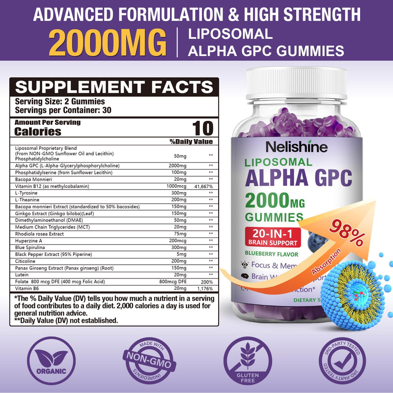 Liposomal Alpha GPC 2000mg & Citicoline Gummies Complex Phosphatidylserine,Ginkgo Biloba,L-Tyrosine,Huperzine A & B Vitamins,20-in-1 Blend for Focus, Memory & Cognitive Support 60 Count (Pack of 1)