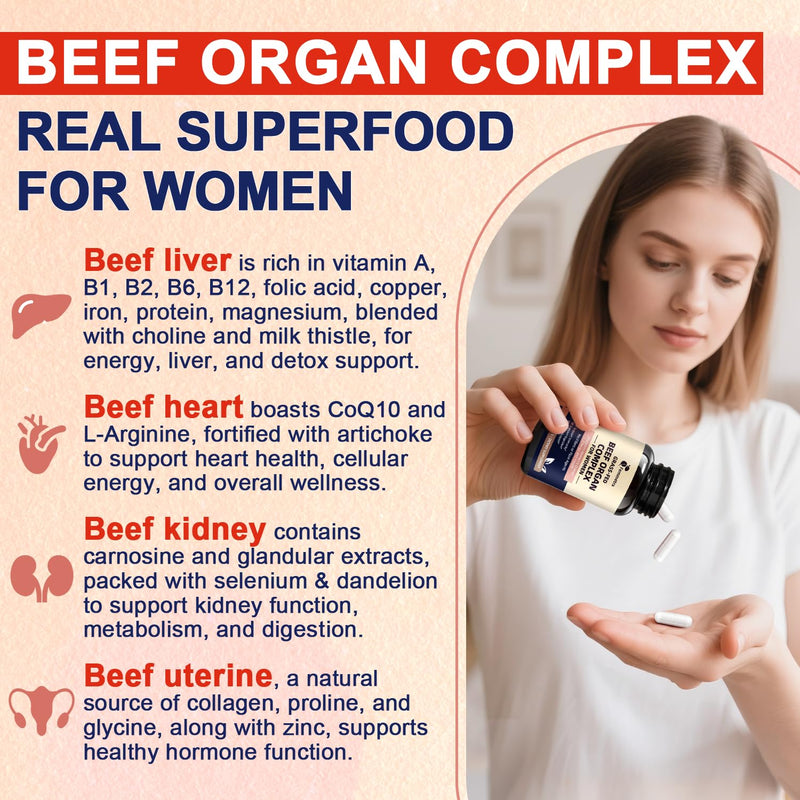 Female-Optimized Beef Organ Complex Superfood Supplement Beef Liver Kidney | Heart, Uterus & 6 More - Grass Fed, Pasture Raised，with Milk Thistle, Balance Hormones, Energy & Women's Wellness 120 Caps