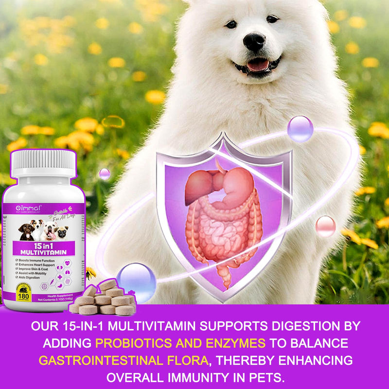 Dog Multivitamin Tablets, 15 in 1 Multivitamin Treats for Dogs Supports Immunity & Digestion, Skin & Coat and Joint Health, Multivitamin Dog Supplement for All Ages - 180PCs Chewable Tablets