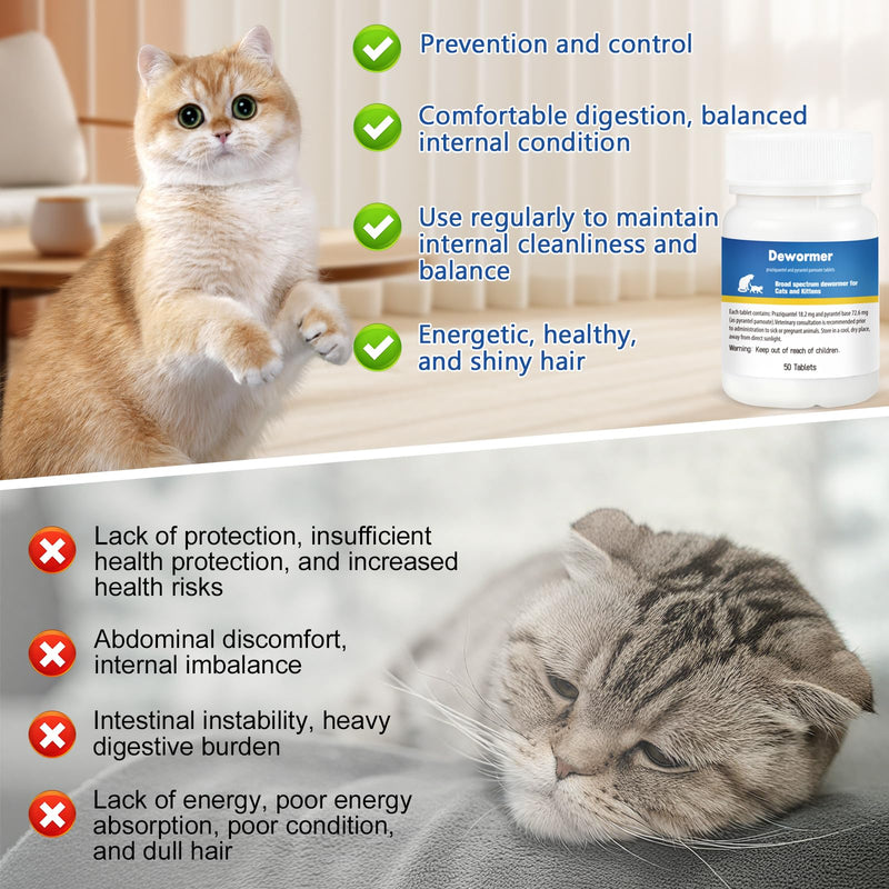 Cats & Kittens Broad-Spectrum Dewormer, 50 Tablets, for Tapeworms, Hookworms & Roundworms