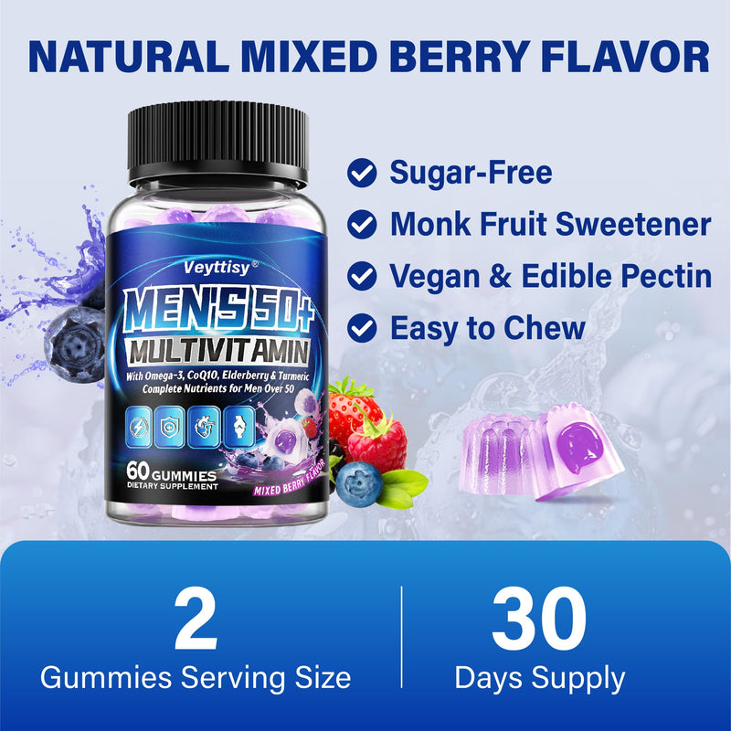 Sugar Free Multivitamin Gummies for Men 50 plus - Methylated Multivitamin | with Omega-3, CoQ10, Elderberry & Turmeric - Gentle on The Stomach, Vegan, Non-GMO, Gluten-Free, 120 Gummies Mixed Berries 60 Count (Pack of 2)