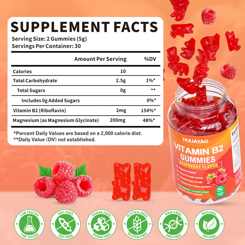 Vitamin B2 Gummies, Riboflavin Supplement with Magnesium for Kids & Adults, B2 Gummies for Migraine Relief & Nervous System Support, Vegan, Sugar-Free, Raspberry Flavor, 120 Count 120 Count (Pack of 1)
