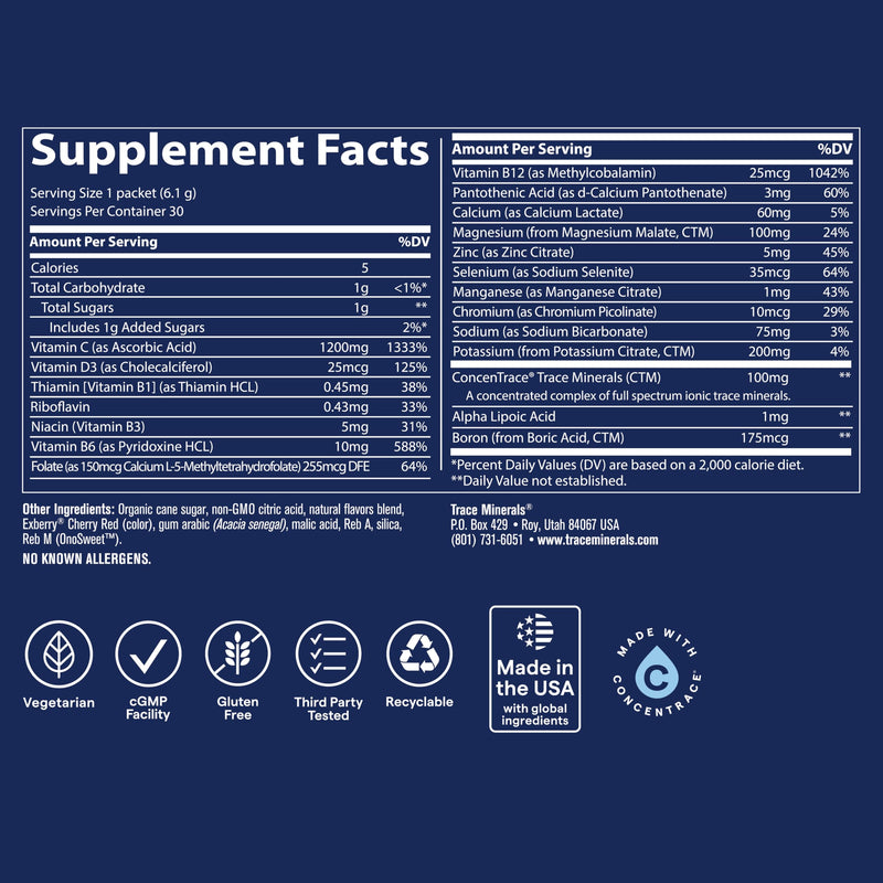 Trace Minerals Power Pak Electrolyte Powder Packets, Cherry Lime, 30 Ct | 1200 mg Vitamin C plus Zinc, Immunity and endurance support, Sugar free, No artificial dyes, Keto friendly