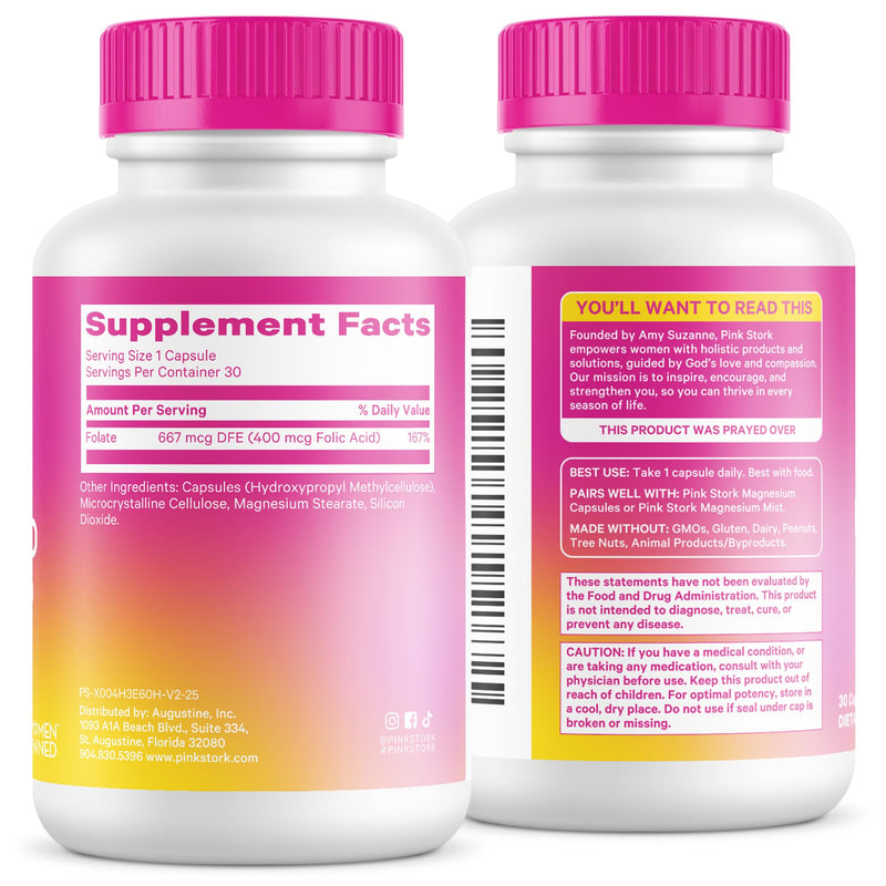 Pink Stork Folic Acid Supplement for Women – 400mcg, Daily Vitamin B9 for Prenatal & Fertility Support, Supports Red Blood Cell Formation & Energy – 30 Vegetarian Capsules - BeesActive Australia