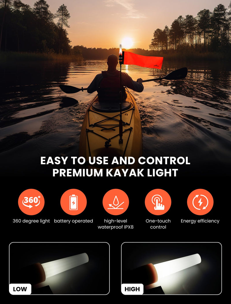 Affordura Kayak Lights with Orange Flag Pole Kit 55.5" Height White LED 360 Light Battery Powered Boat Navigation Lights for Night Kayak Fishing and Paddling, Perfect Kayak Accessories Gadgets