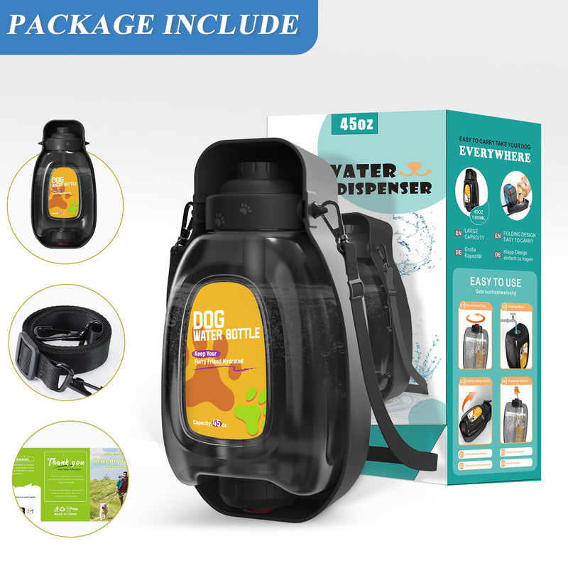 Dog Water Bottle with Bowl, 45oz Portable Dog Water Dispenser for Walking, Foldable Travel Dog Water Bowl for Puppy, Small, Medium & Large Dogs, Leak Proof, Food Grade Plastic, Easy to Clean - BeesActive Australia