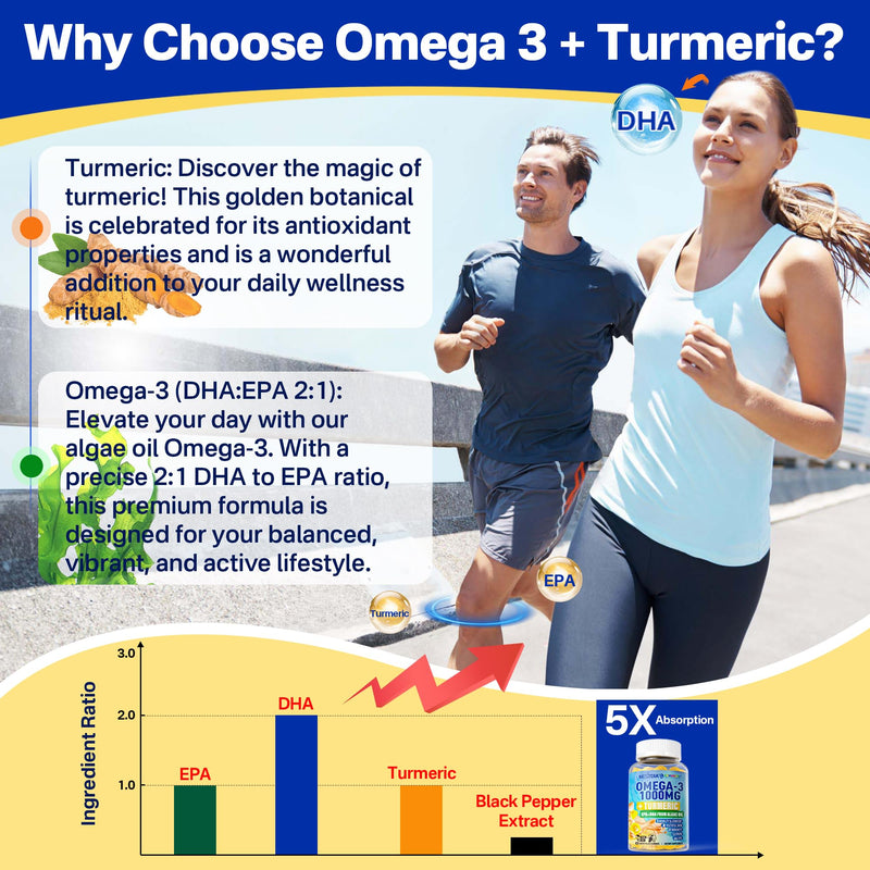 Omega-3 Gummies 1000mg + Turmeric, Fish Oil Alternative No Fish Taste 120Ct | Burpless Algae DHA 600mg + EPA 300mg(3:1), Vegan Sugar Free Omega 3 Fatty Acids for Women Men Adults, Vitamins A C E Zinc MSM 60 Count (Pack of 2)