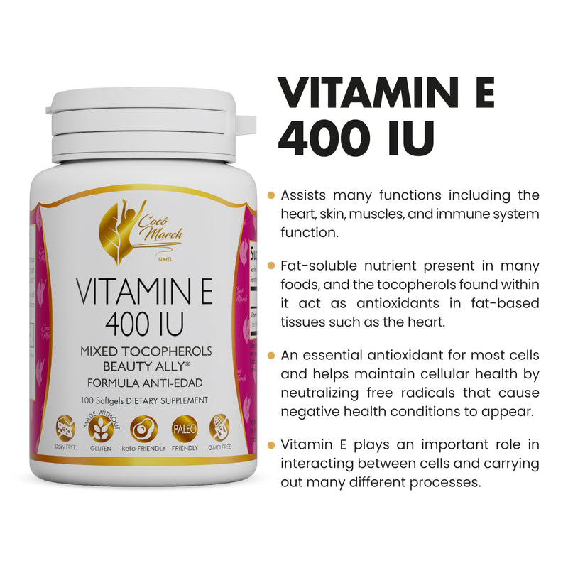 Coco March Natural Vitamin E 400 IU -Mixed Tocopherols, Beauty Ally, 3 Month Supply - Gluten Free, Paleo Friendly, Dairy Free, Keto Friendly, GMO Free, 100 Softgels - BeesActive Australia